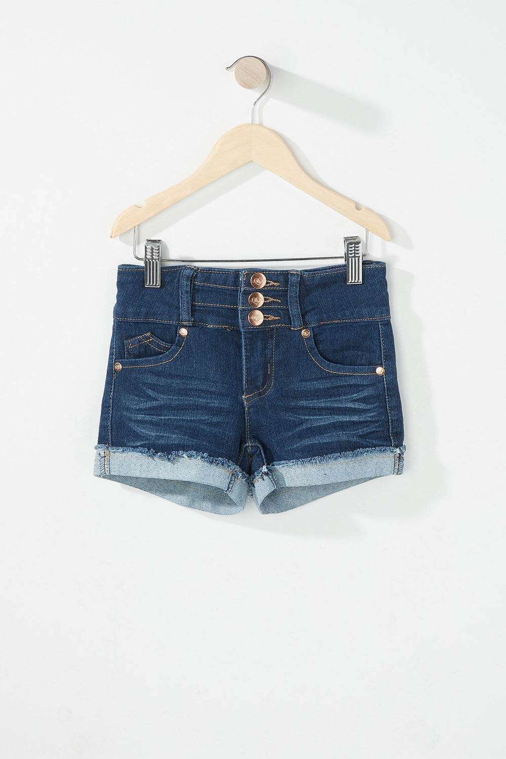 Kids Short en denim à patte de boutonnage triple avec franges et revers roulés pour fille Bleu denim