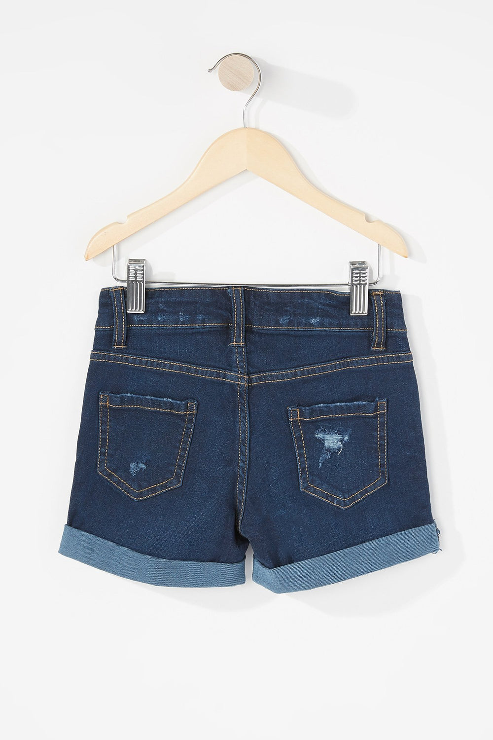 Kids Short en denim d'aspect usé à revers roulés pour fille Bleu denim