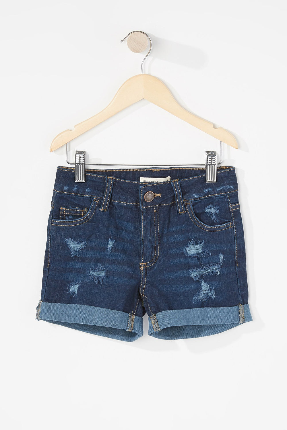 Kids Short en denim d'aspect usé à revers roulés pour fille Bleu denim