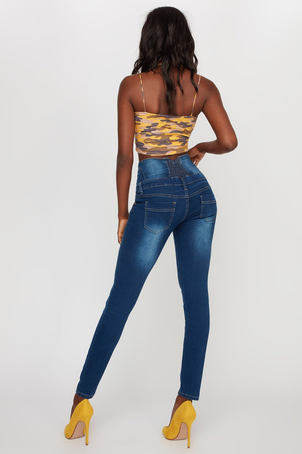 Women Jean étroit à taille corset haute avec patte de boutonnage quintuple Bleu foncé