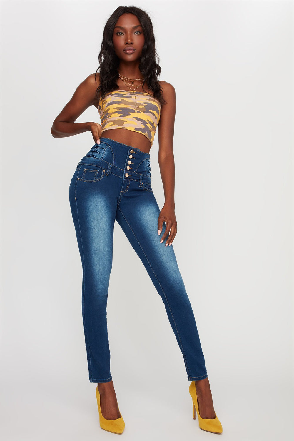 Women Jean étroit à taille corset haute avec patte de boutonnage quintuple Bleu foncé