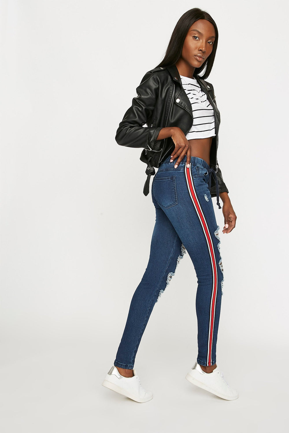 Women Jean étroit d'aspect usé avec rayures latérales contrastantes et taille coulissante Bleu foncé