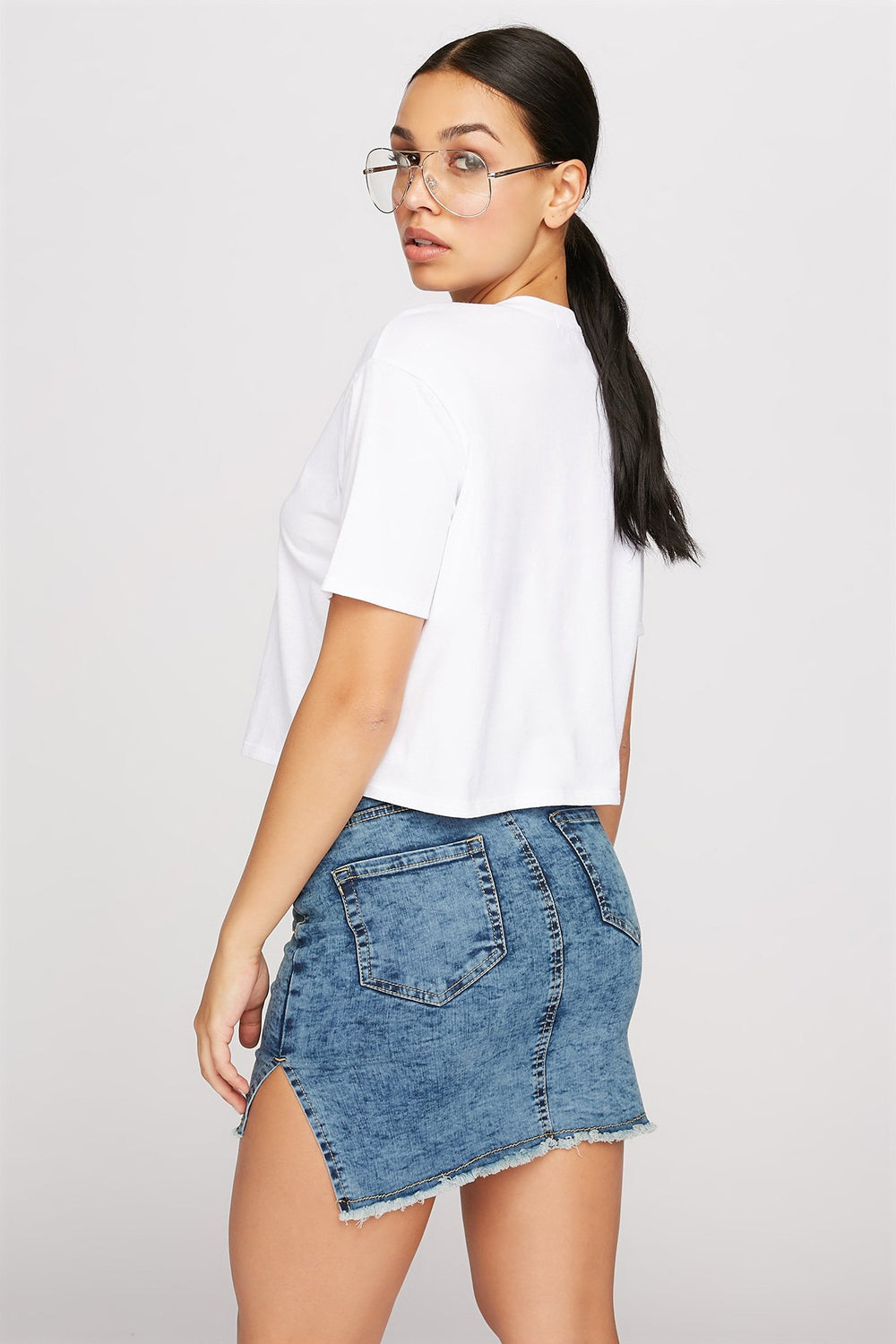 Women Minijupe en denim avec fentes latérales et franges Bleu foncé