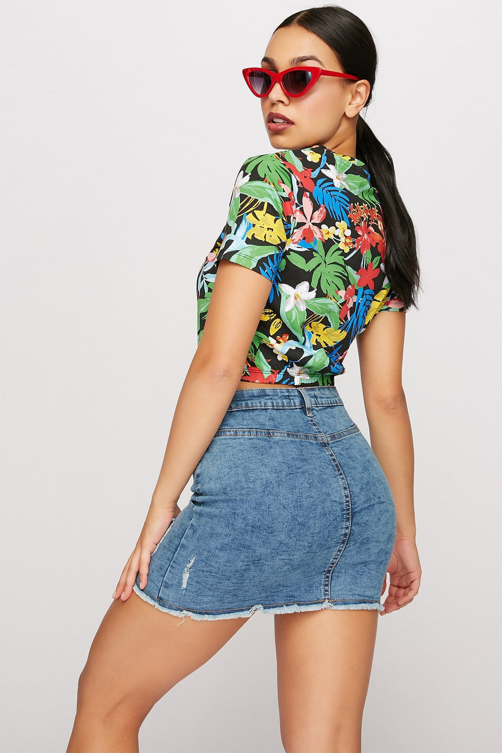 Women Minijupe en denim d'aspect usé à taille haute avec franges Bleu foncé