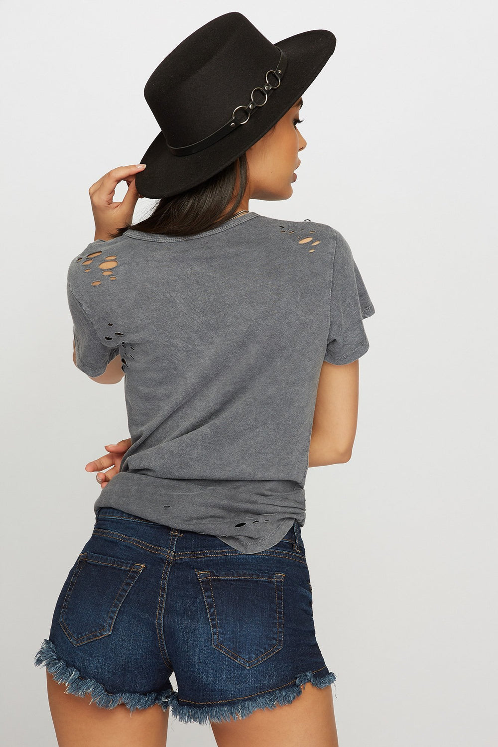 Women Short en denim à taille basse avec franges Bleu foncé
