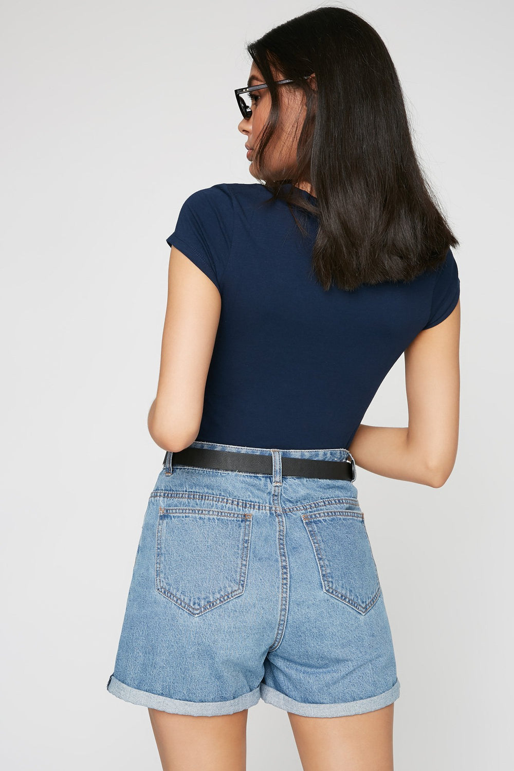 Women T-shirt de base à encolure en V Bleu foncé