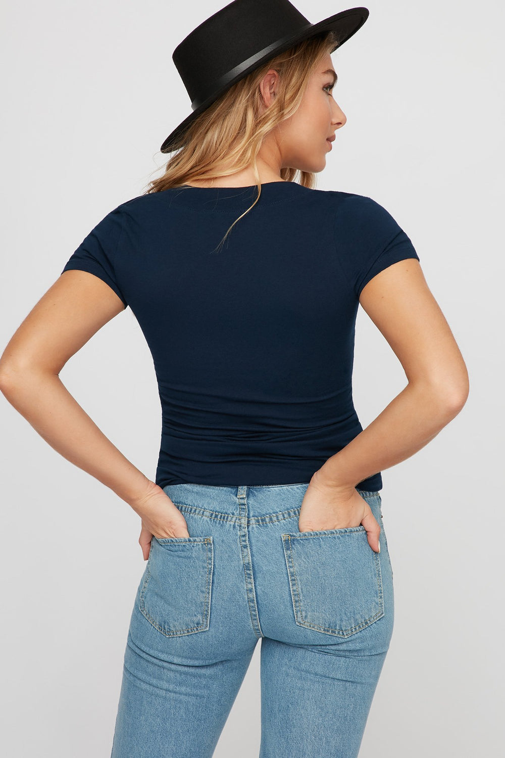 Women T-shirt de base doux à encolure en V Bleu foncé