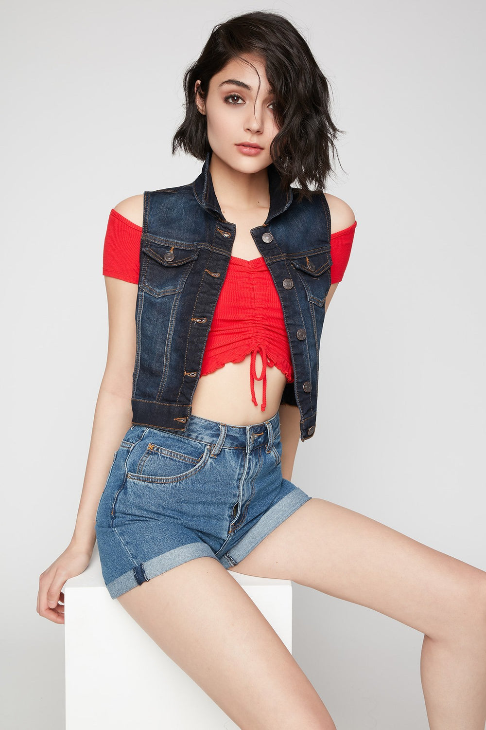 Women Veste courte classique en denim Bleu foncé