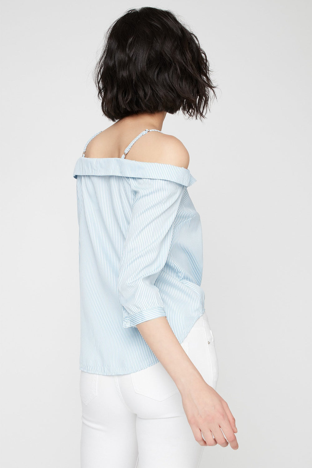 Women Blouse boutonnée rayée nouée devant à épaules dénudées Bleu layette
