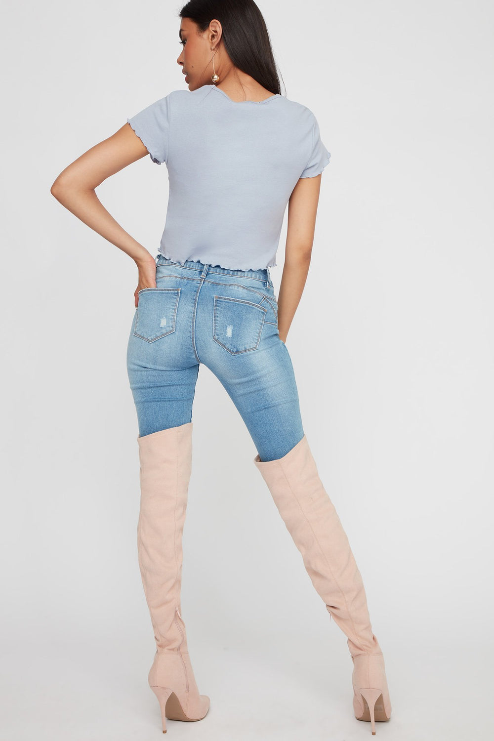 Women T-shirt court côtelé à ourlet volanté Bleu layette