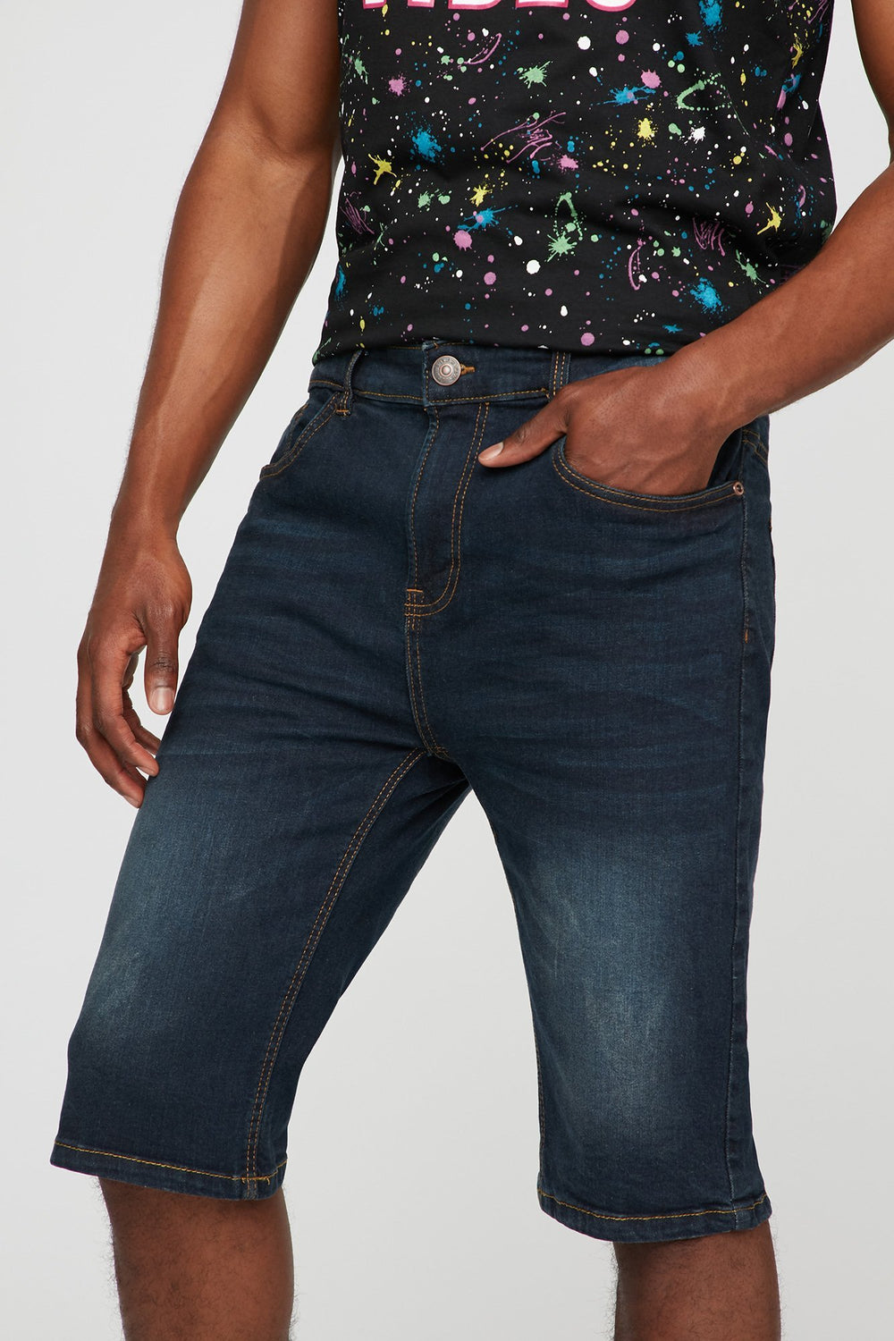 Men Short en denim mince délavé foncé Bleu Marine