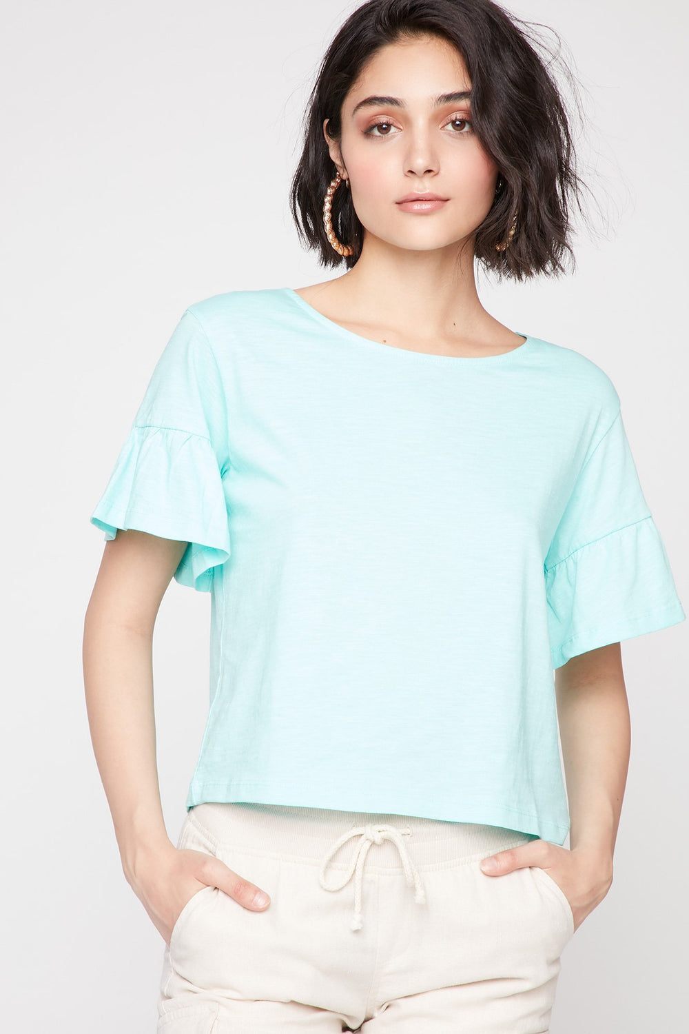 Women T-shirt à manches évasées volantées Bleu mer