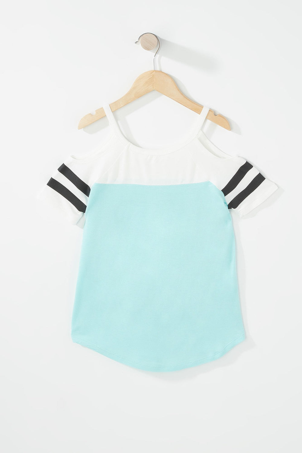 Kids T-shirt rayé de style universitaire à épaules dénudées pour fille Bleu mer