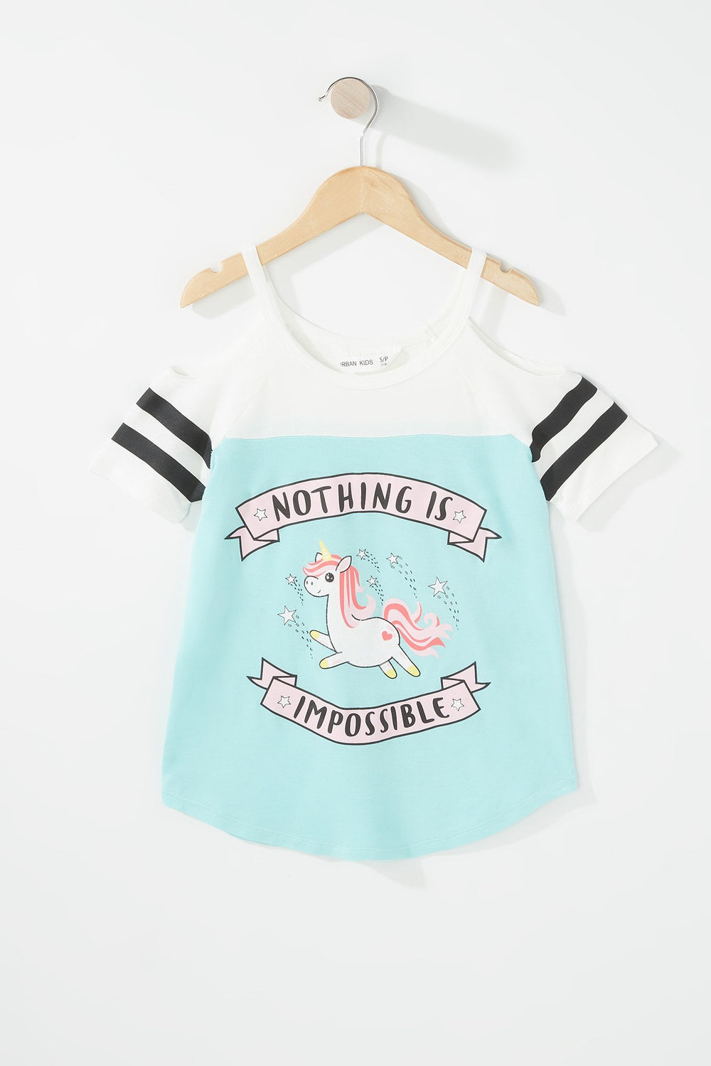 Kids T-shirt rayé de style universitaire à épaules dénudées pour fille Bleu mer