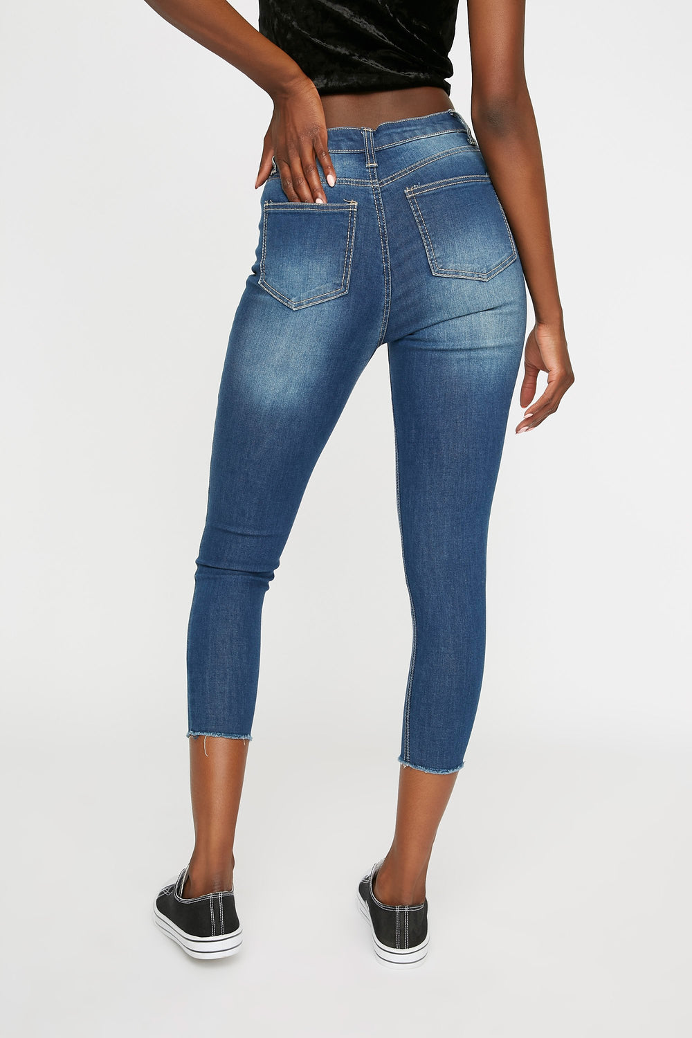Women Jean court étroit à taille haute avec franges Bleu moyen