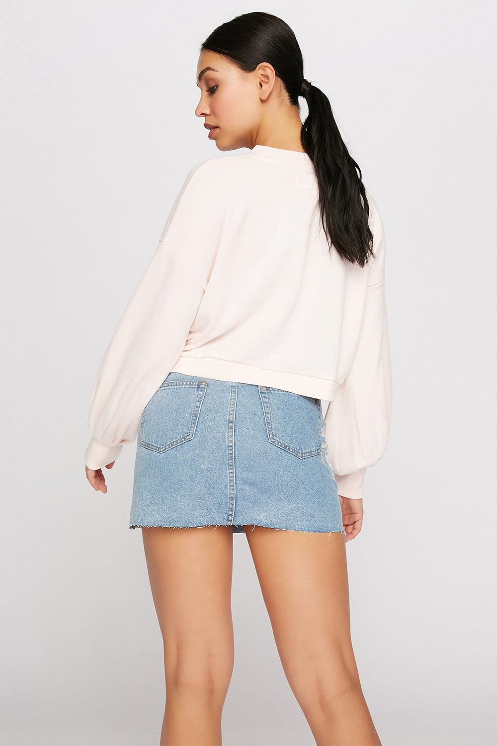 Women Minijupe en denim à taille haute avec broderie crochetée Bleu moyen