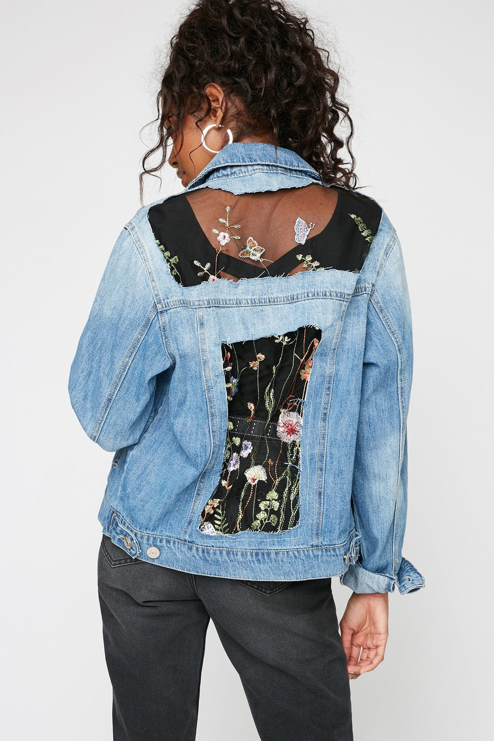 Women Blouson en denim avec filet et broderies florales Bleu moyen