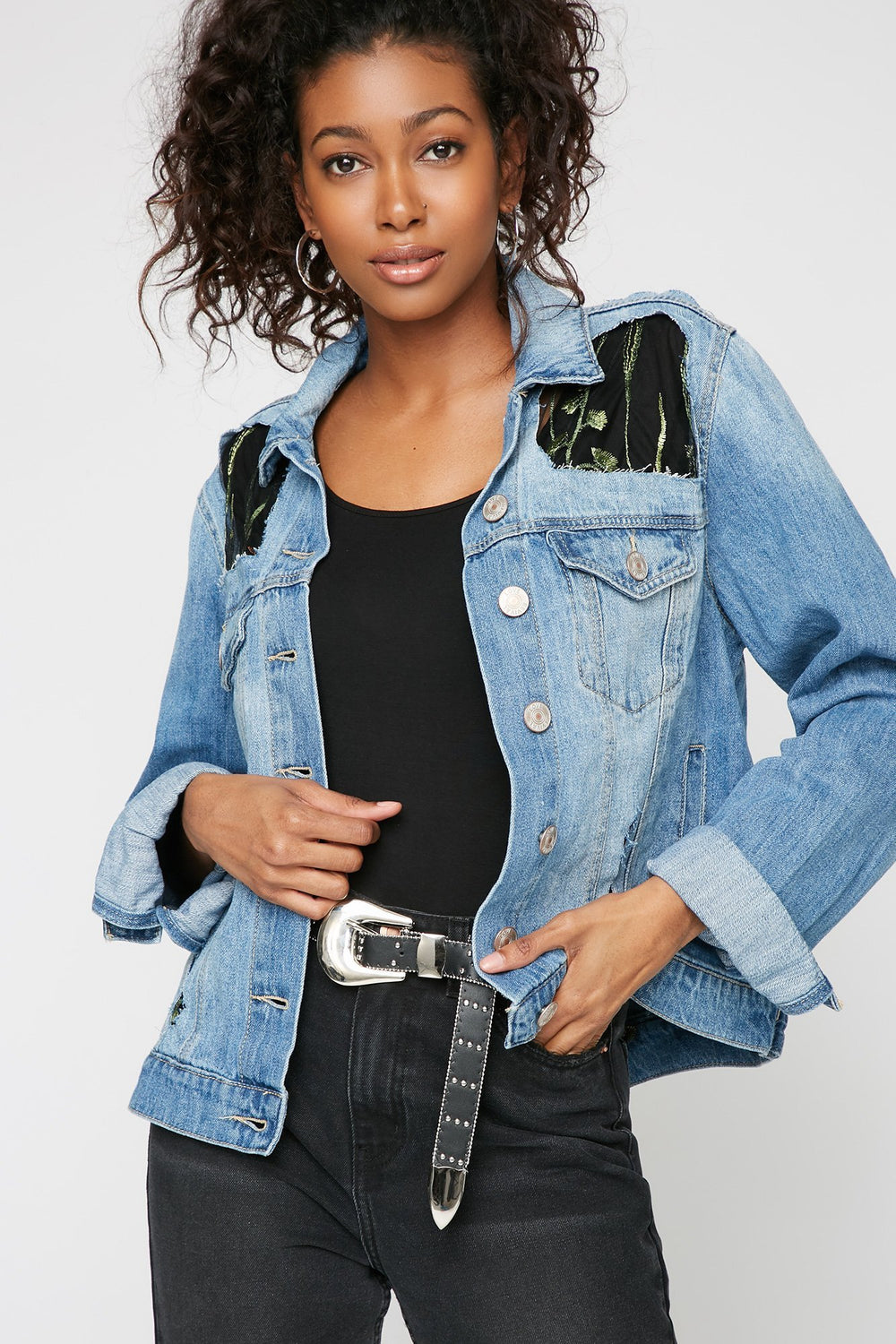 Women Blouson en denim avec filet et broderies florales Bleu moyen
