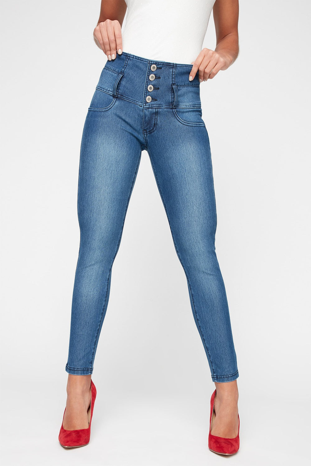 Women Jean étroit à patte de boutonnage quadruple et taille haute Bleu moyen