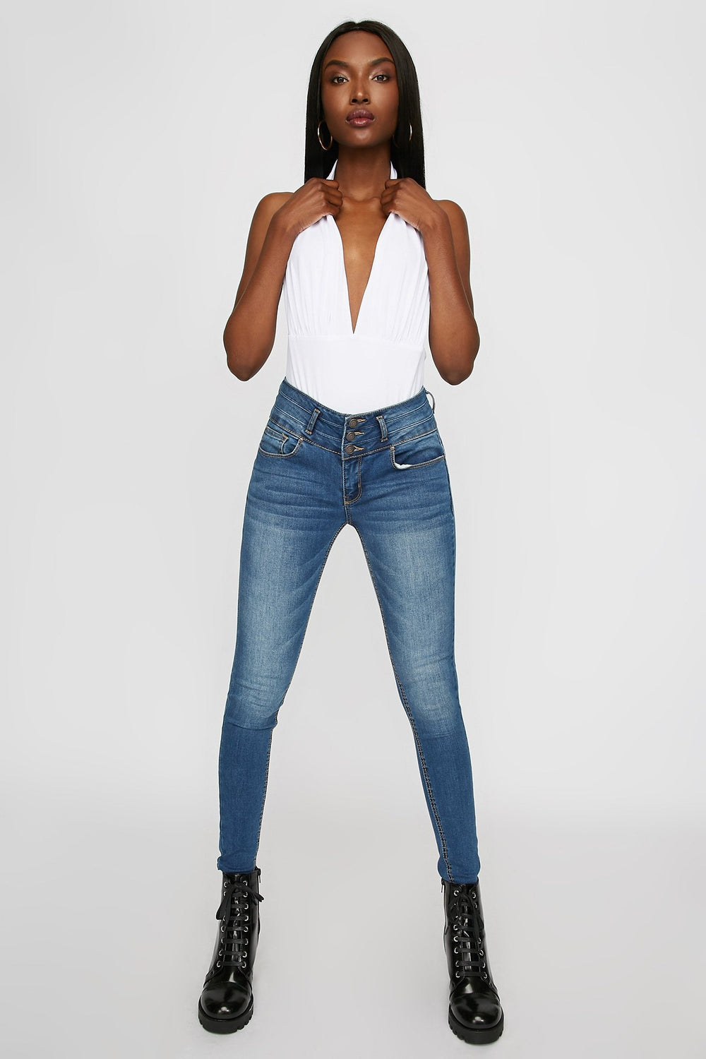Women Jean remonte-fesses avec patte de boutonnage triple Bleu moyen