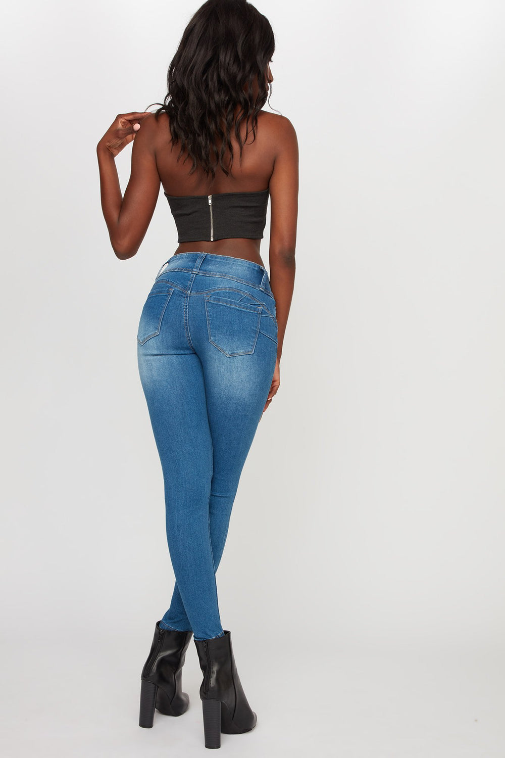 Women Jean remonte-fesses étroit avec patte de boutonnage triple Bleu moyen