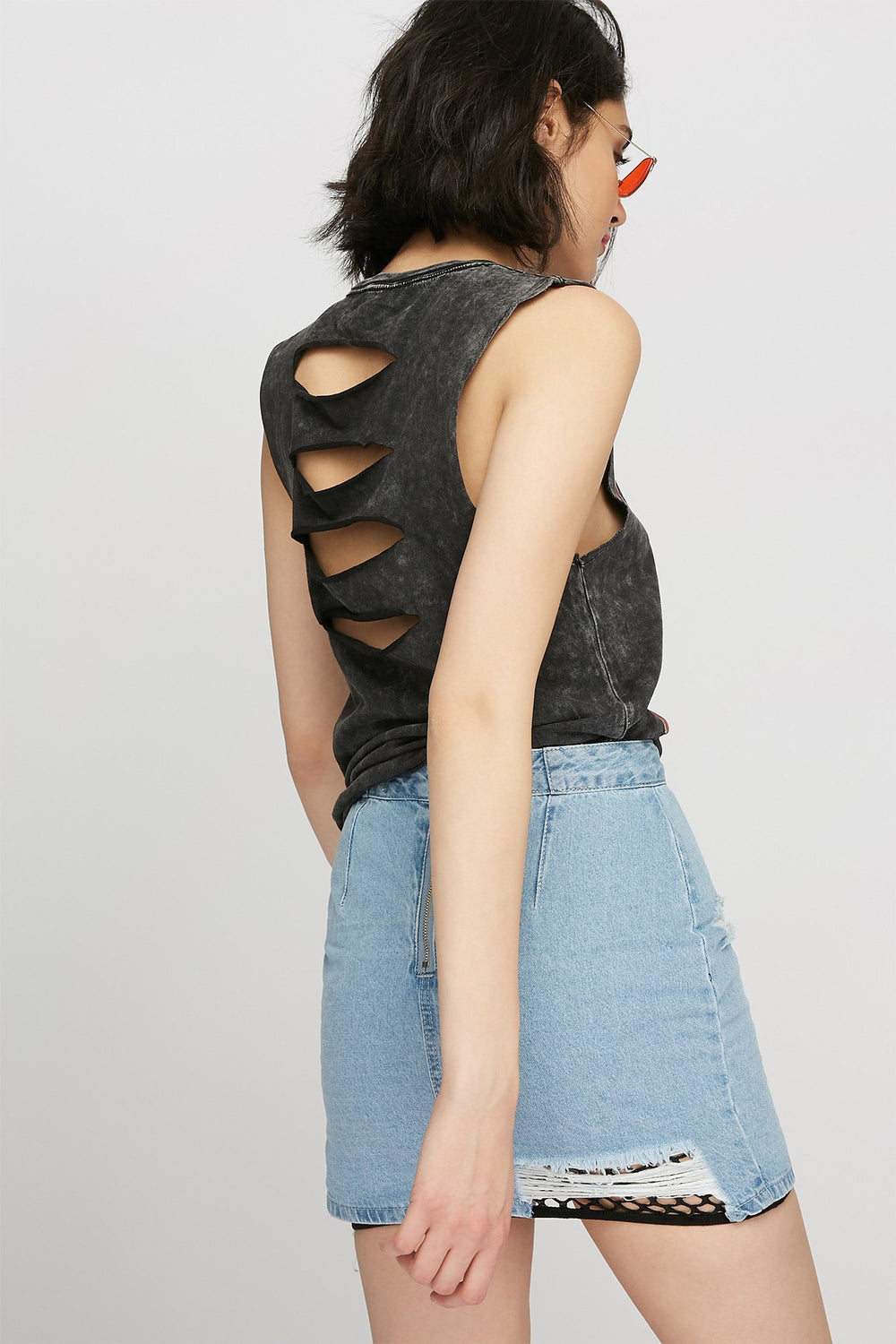 Women Jupe en denim d'aspect usé avec maille à taille haute Bleu moyen