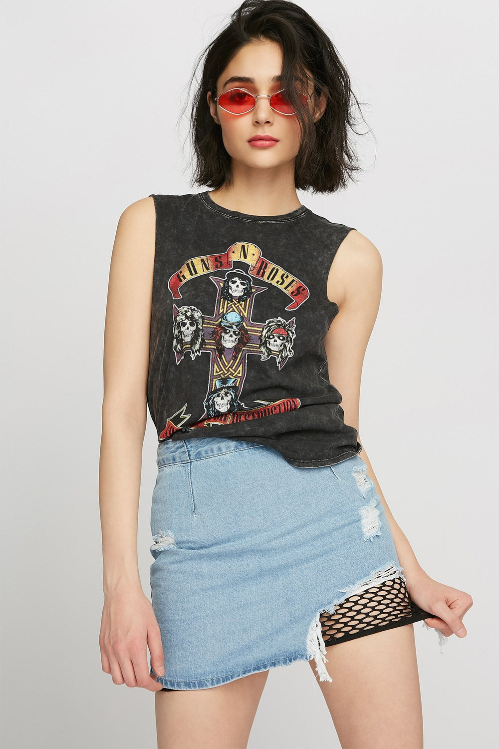 Women Jupe en denim d'aspect usé avec maille à taille haute Bleu moyen