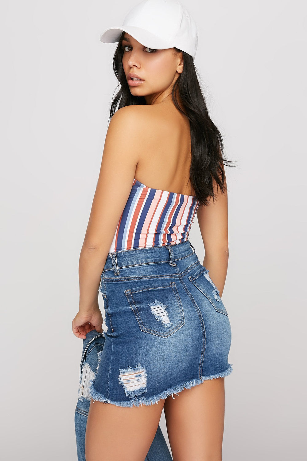 Women Minijupe en denim d'aspect usé avec franges Bleu moyen