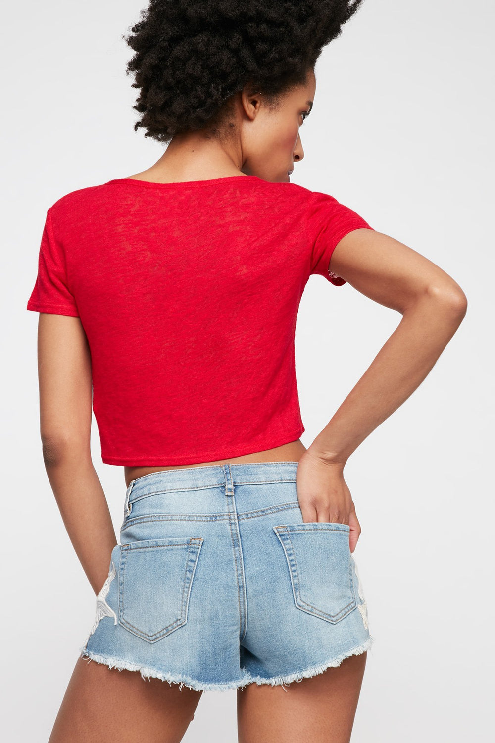 Women Short en denim crocheté avec franges à taille haute Bleu moyen