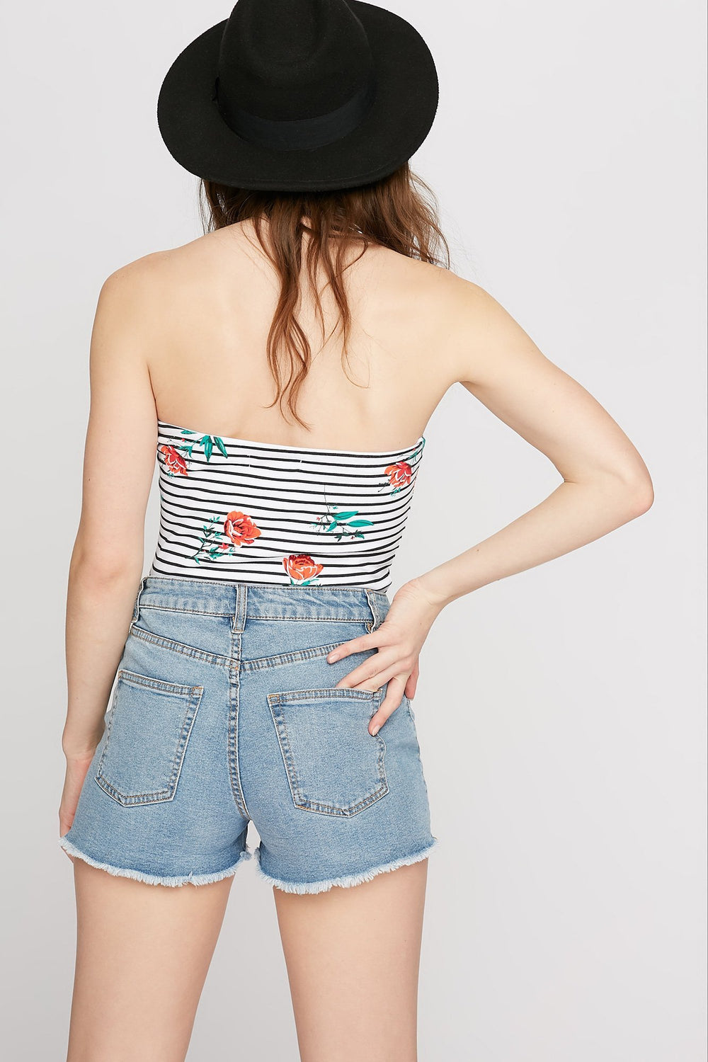 Women Short en denim d'aspect usé avec maille à taille haute Bleu moyen