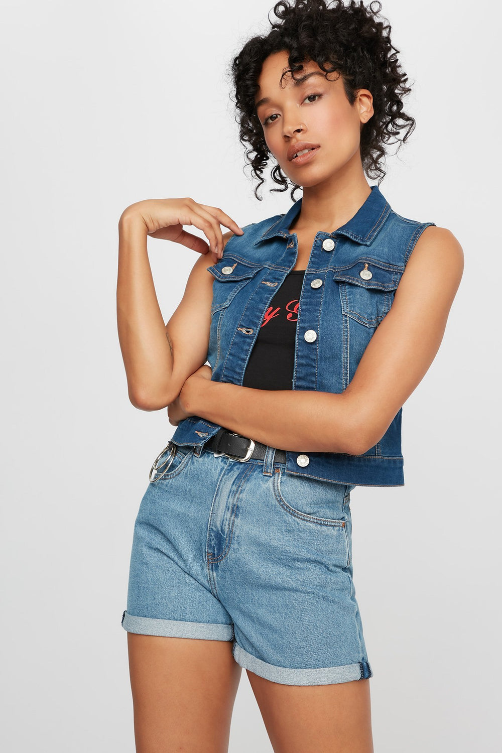 Women Veste courte classique en denim Bleu moyen