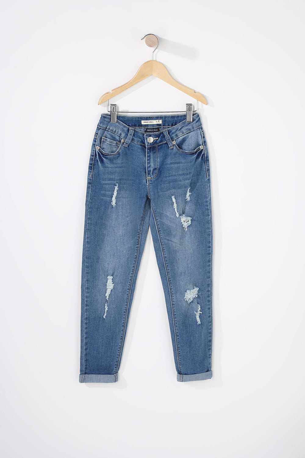 Kids Jean étroit d'aspect usé à revers roulés pour fille Bleu moyen