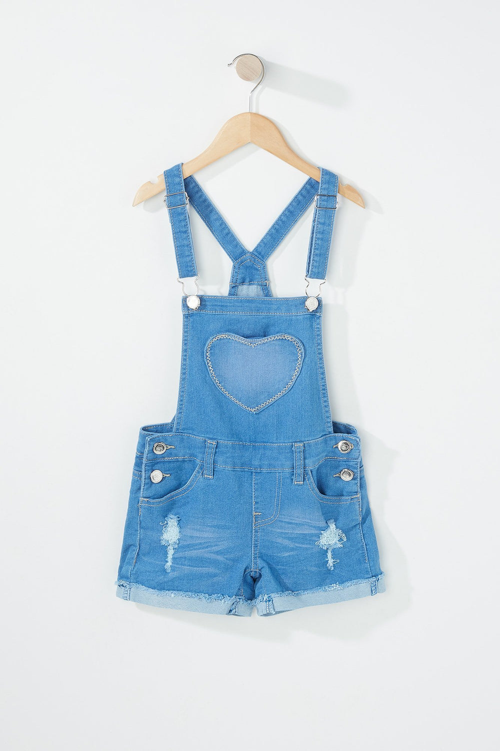 Kids Salopette-short en denim d'aspect usé avec cur scintillant pour fille Bleu moyen