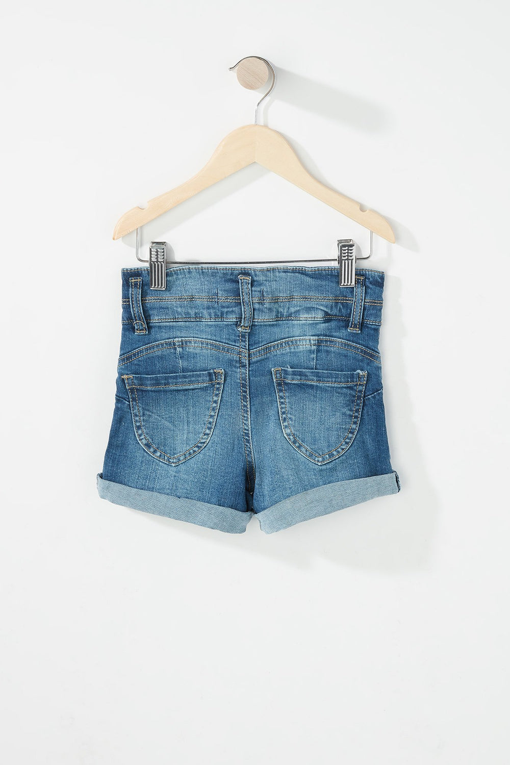 Kids Short en denim à patte de boutonnage triple avec taille haute et revers roulés pour fille Bleu moyen