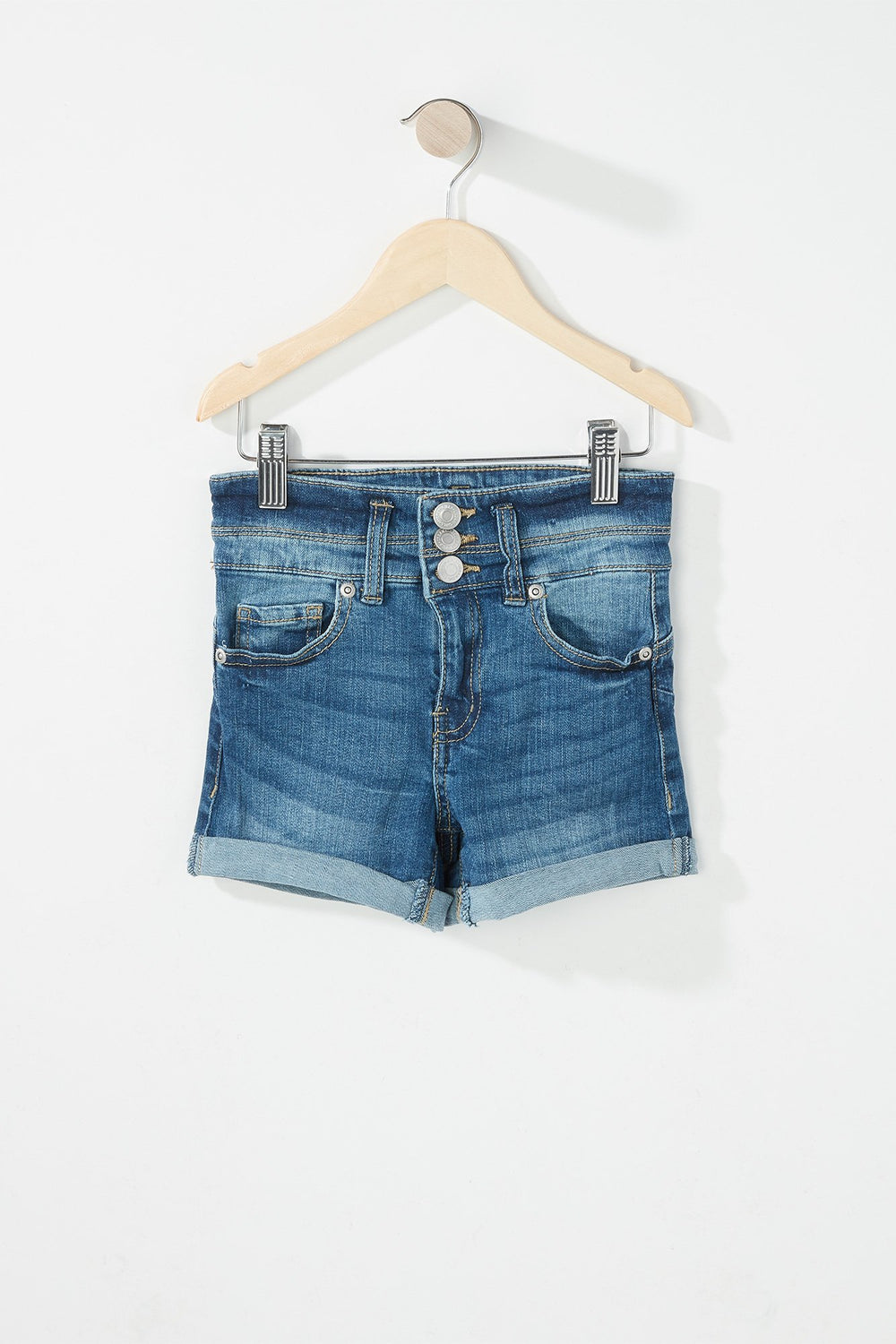 Kids Short en denim à patte de boutonnage triple avec taille haute et revers roulés pour fille Bleu moyen