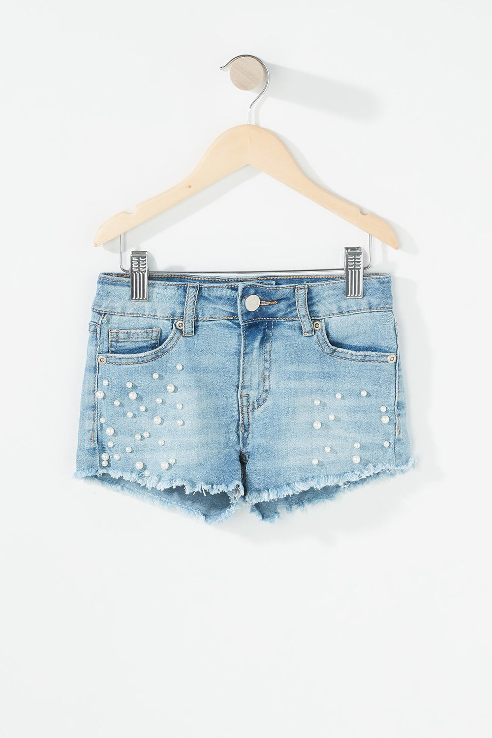 Kids Short en denim à taille haute avec perles et franges pour fille Bleu moyen
