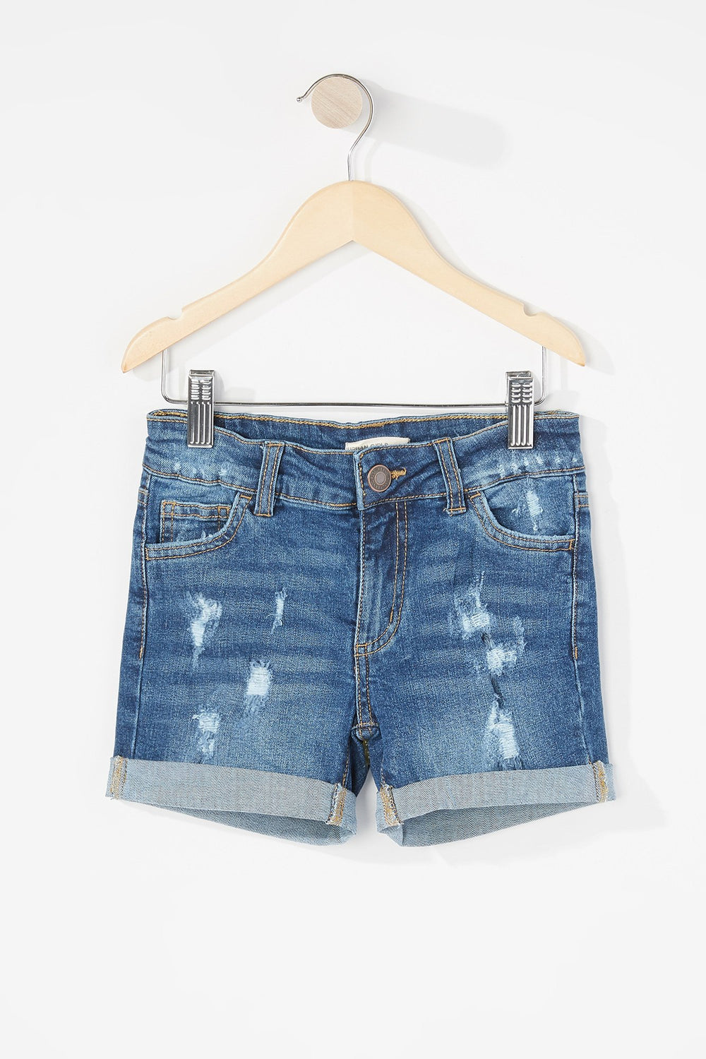 Kids Short en denim d'aspect usé à revers roulés pour fille Bleu moyen