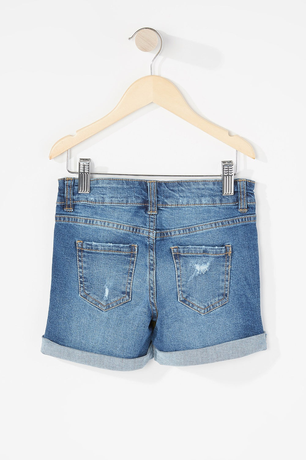 Kids Short en denim d'aspect usé à revers roulés pour fille Bleu moyen