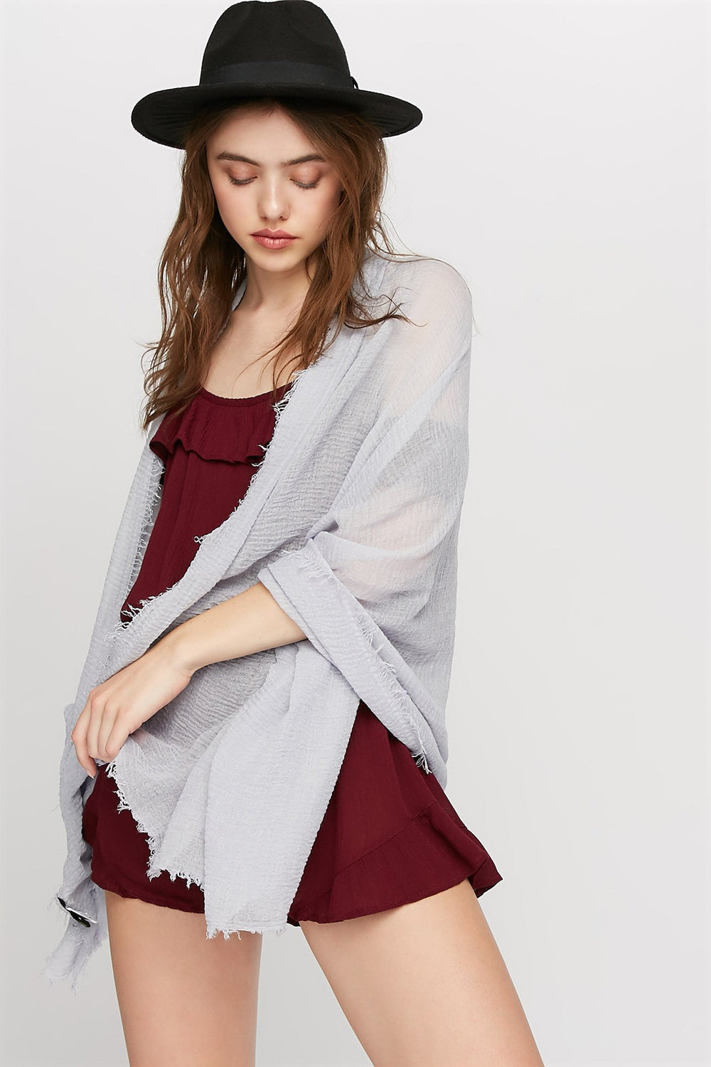 Women Écharpe longue diaphane avec franges Bleu pâle