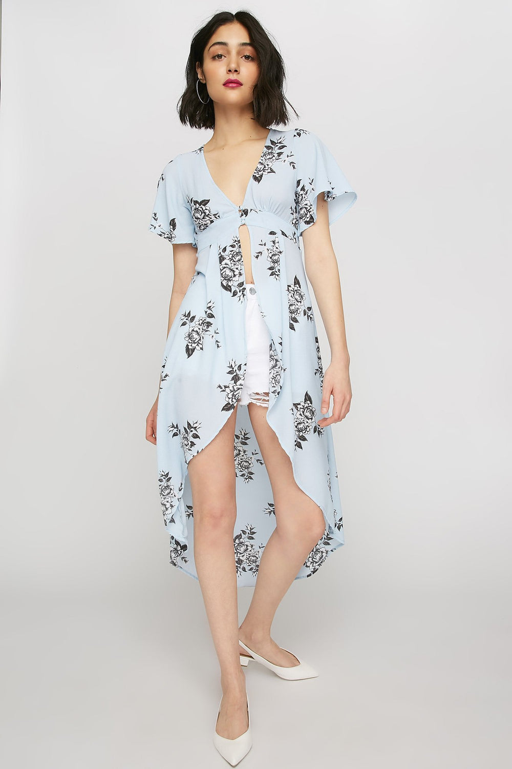 women Cardigan-kimono asymétrique imprimé boutonné Bleu pâle