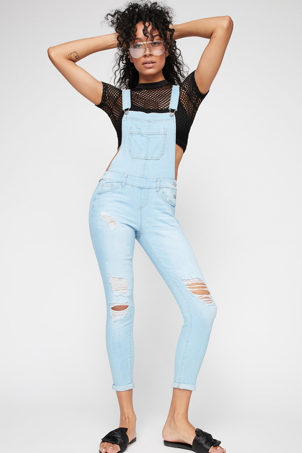 Women Salopette étroite en denim d'aspect usé avec revers roulés Bleu pâle