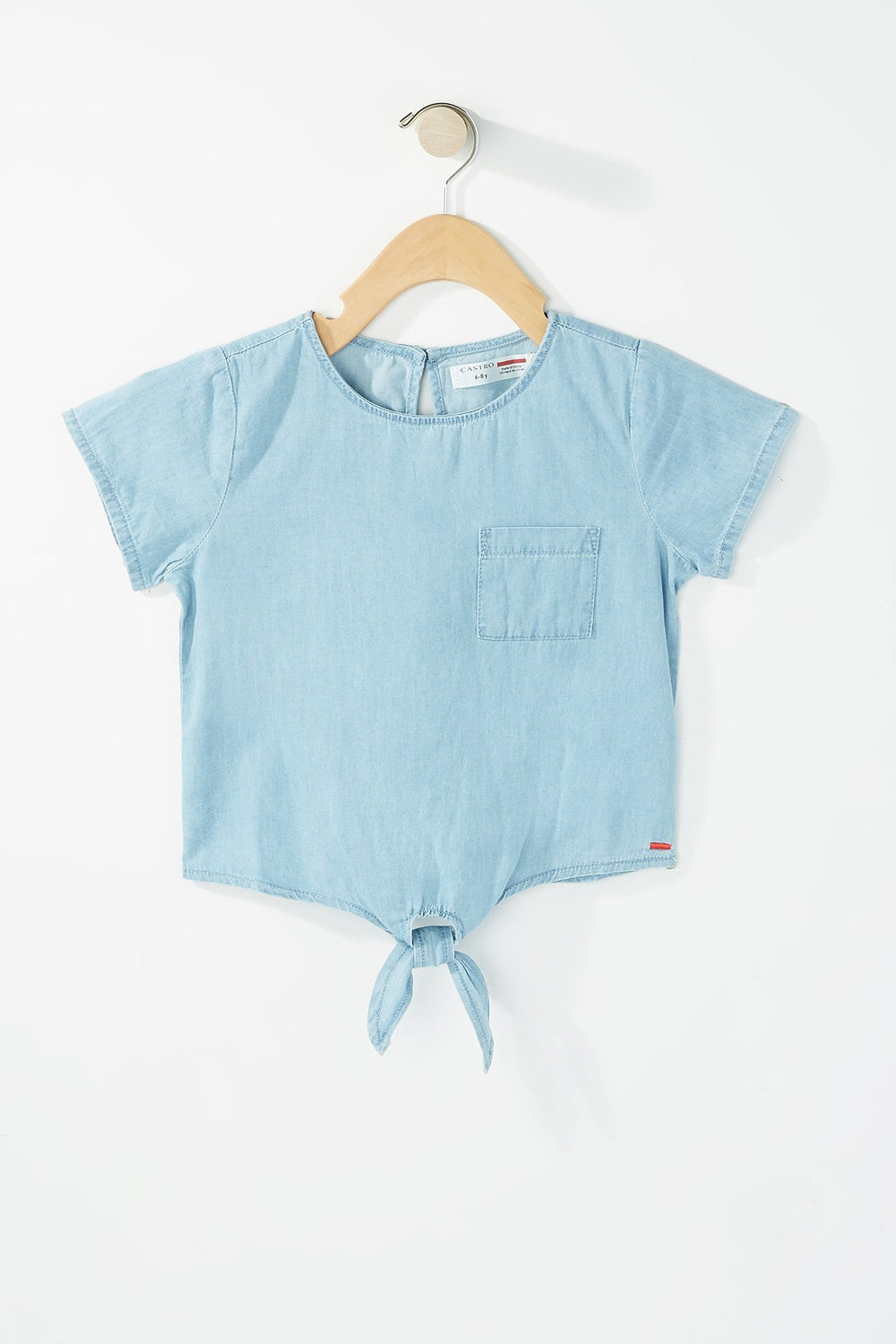 Kids Blouse chambray noué devant avec poche pour fille Bleu pâle