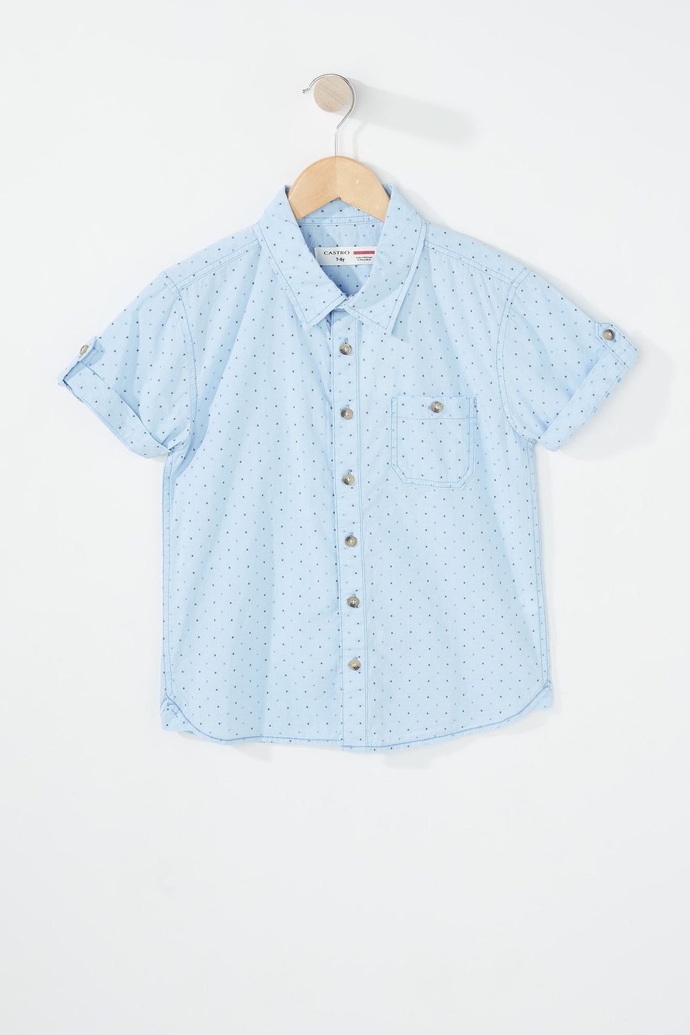 Kids Chemise boutonnée à pois avec manches courtes et poche pour garçon Bleu pâle