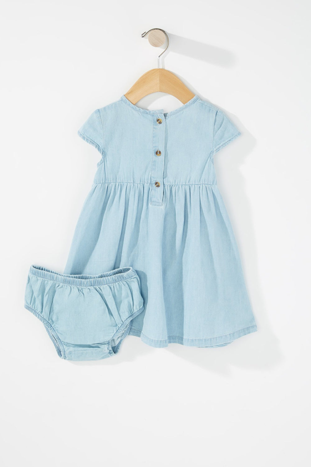 Kids Robe en chambray à trois volants et broderies florales pour bébé fille Bleu pâle