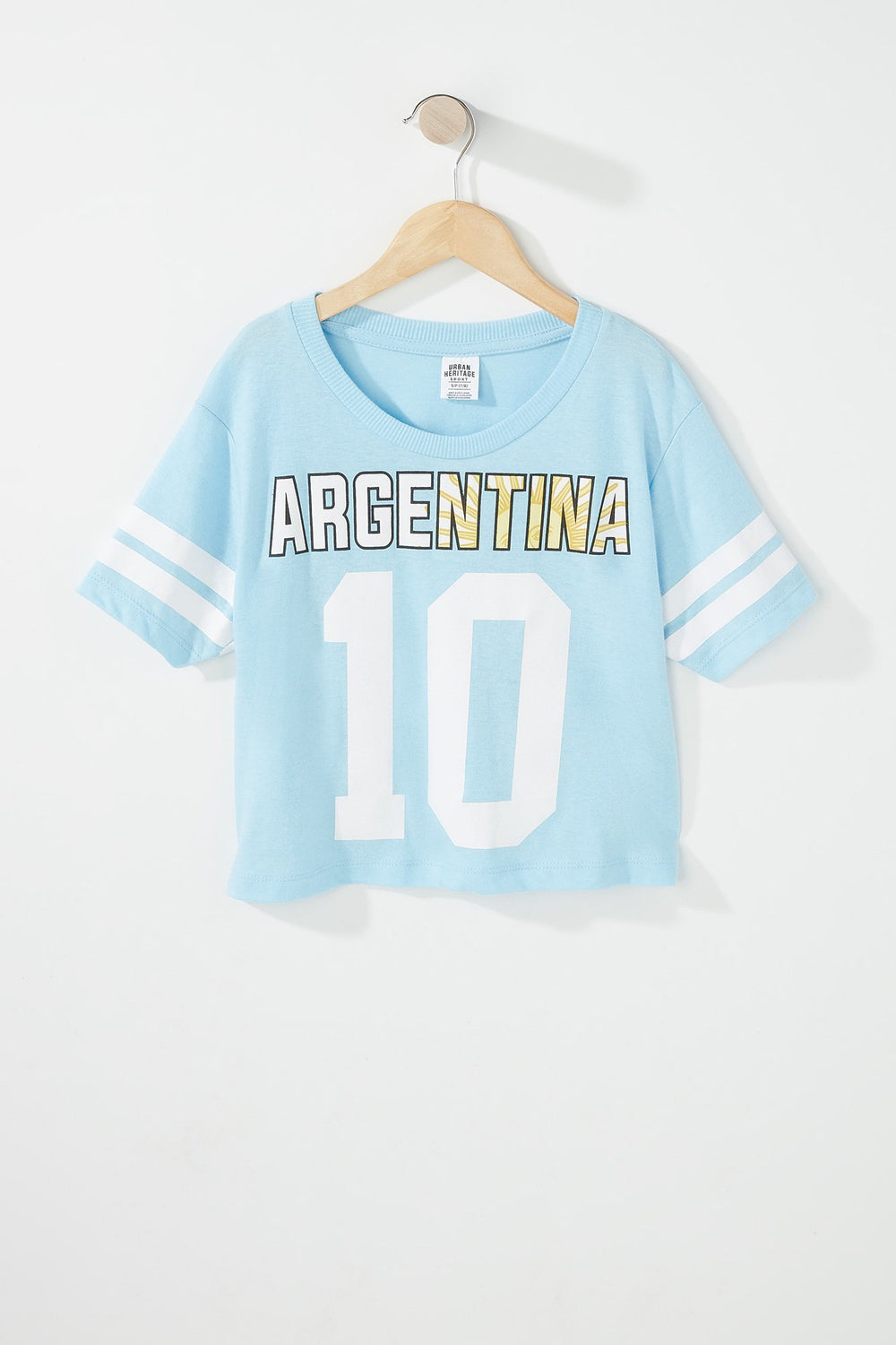 Kids T-shirt court à imprimé World Cup rayé de style universitaire pour fille Bleu pâle