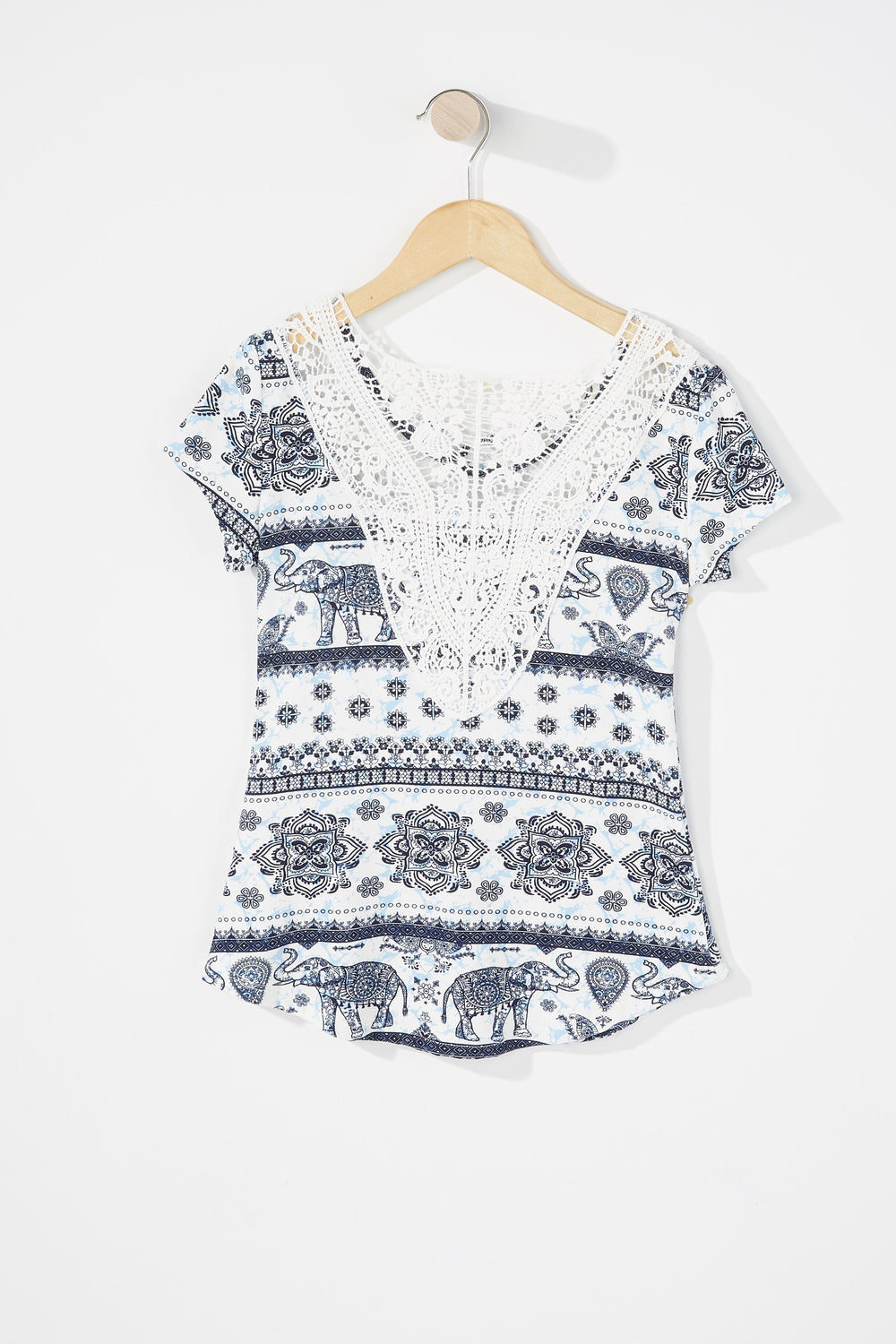 Kids T-shirt fleuri avec dos crocheté et motif de cage au cou pour fille Bleu pâle