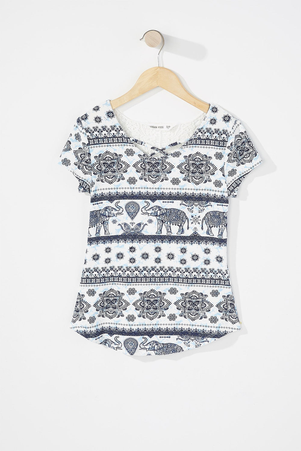Kids T-shirt fleuri avec dos crocheté et motif de cage au cou pour fille Bleu pâle