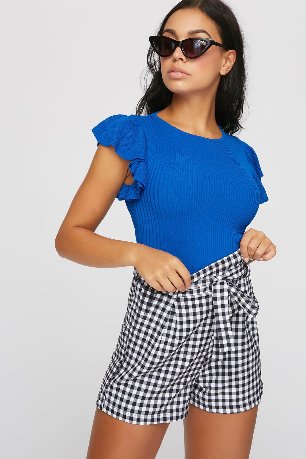 Women Blouse côtelée volantée à dos ouvert Bleu roi