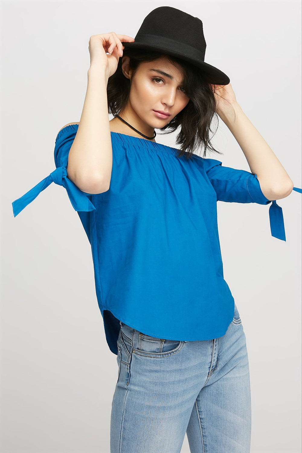 women Blouse à manches avec attaches et épaules dénudées Bleu roi