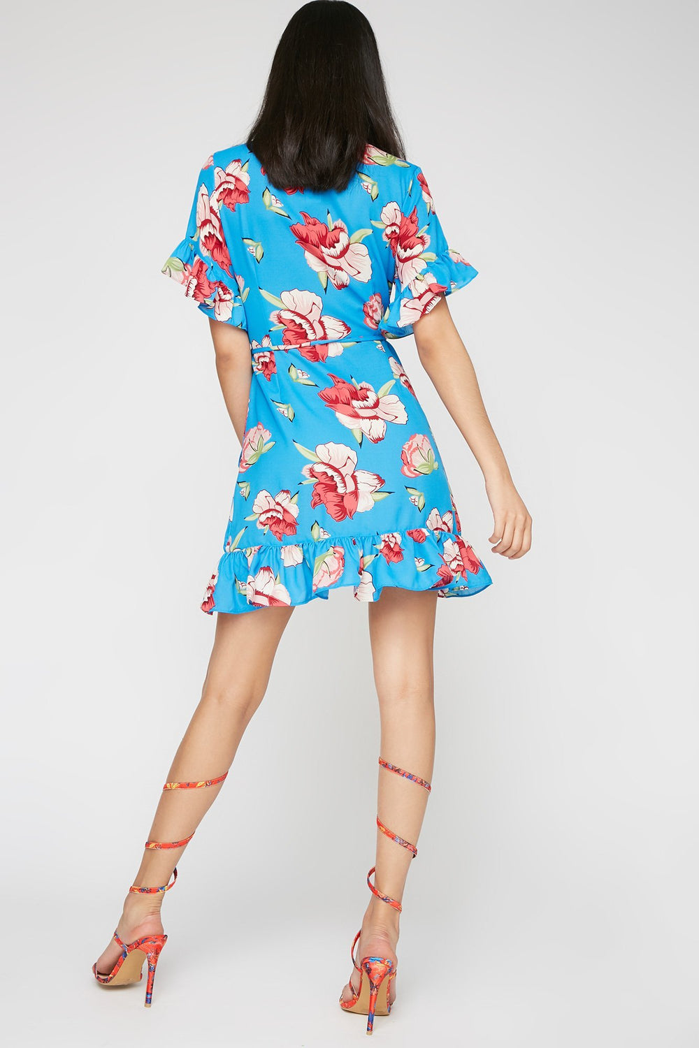 Women Robe cache-cur volantée fleurie avec attache Bleu roi